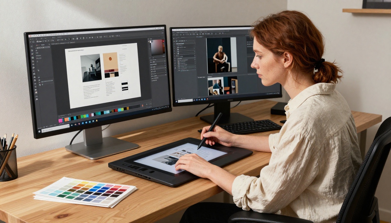 Graphic designer customizing a brochure template on a professional workstation