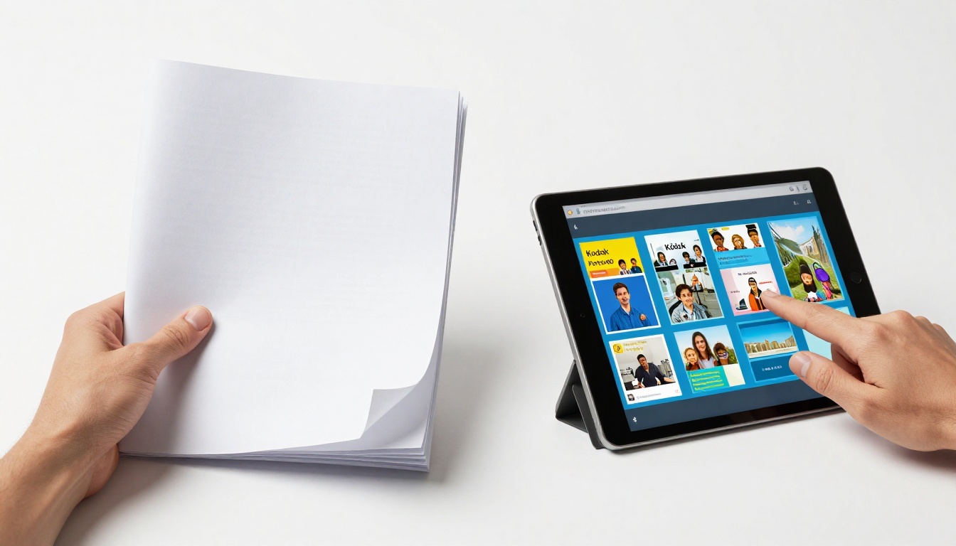 Side-by-side comparison of printed brochure and digital flipbook on tablet