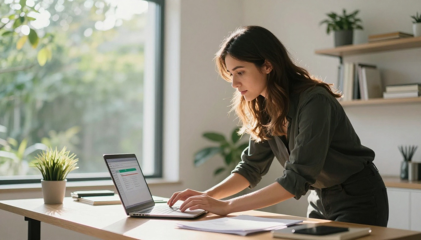 Business owner uploading catalog files to laptop in bright home office Business owner uploading catalog files to laptop in bright home office