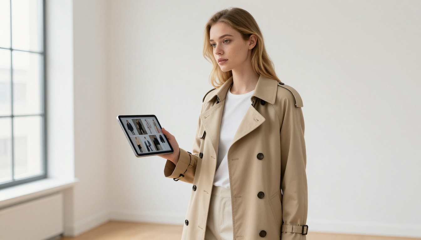 Stylish woman holding tablet displaying fashion lookbook flipbook in minimalist showroom