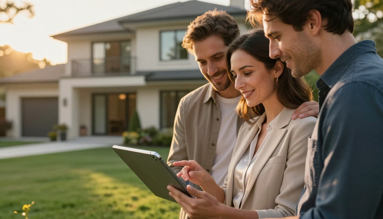 Real estate agent presenting flipbook property brochure to clients Real estate agent presenting flipbook property brochure to clients