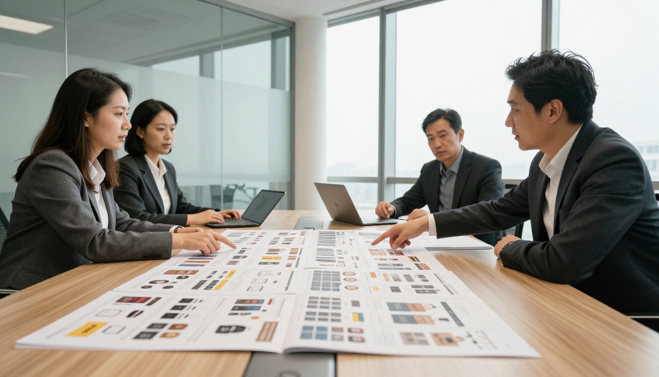 Two professionals reviewing a product catalog spread on a conference table Two professionals reviewing a product catalog spread on a conference table