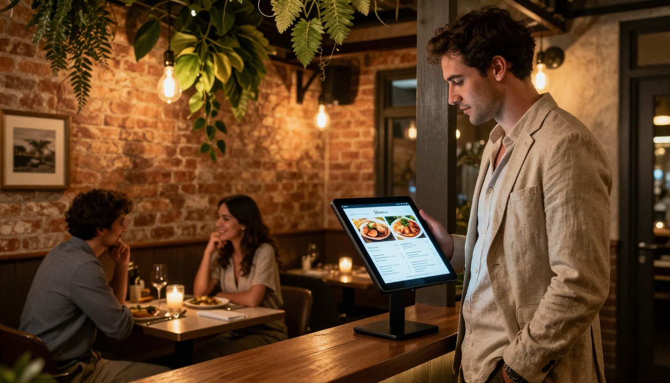Restaurant owner presenting interactive digital menu to customers at candlelit table Restaurant owner presenting interactive digital menu to customers at candlelit table