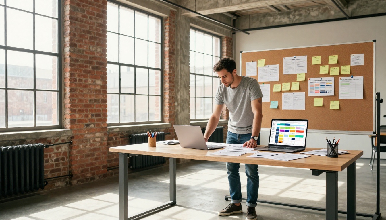 Entrepreneur working on content strategy at standing desk in loft office Entrepreneur working on content strategy at standing desk in loft office