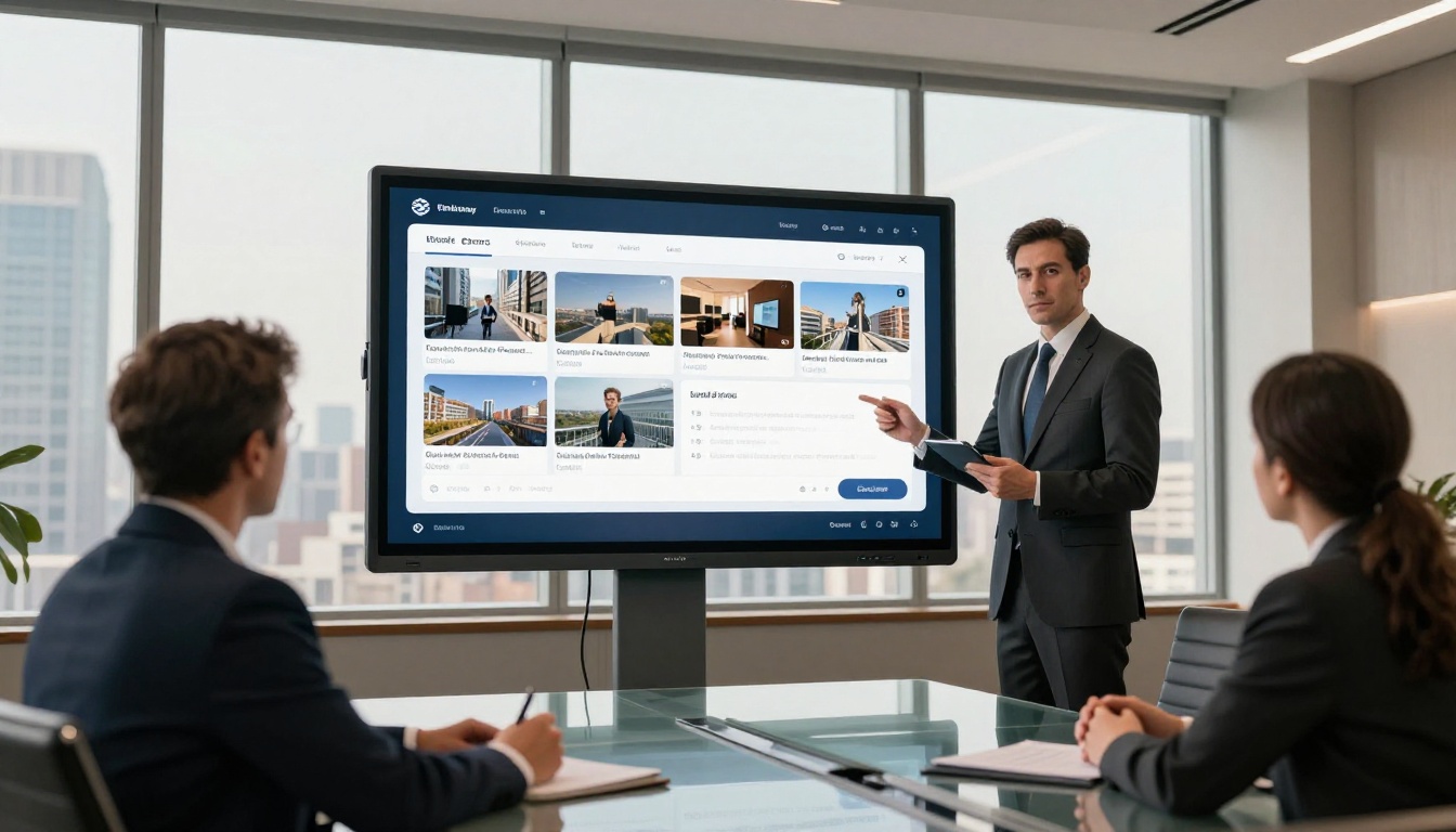 Corporate sales presenting interactive flipbook catalog in boardroom Corporate sales presenting interactive flipbook catalog in boardroom
