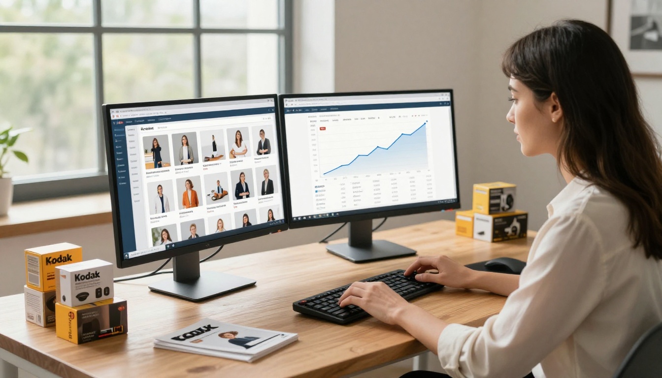 E-commerce manager reviewing product catalog analytics on dual monitors E-commerce manager reviewing product catalog analytics on dual monitors