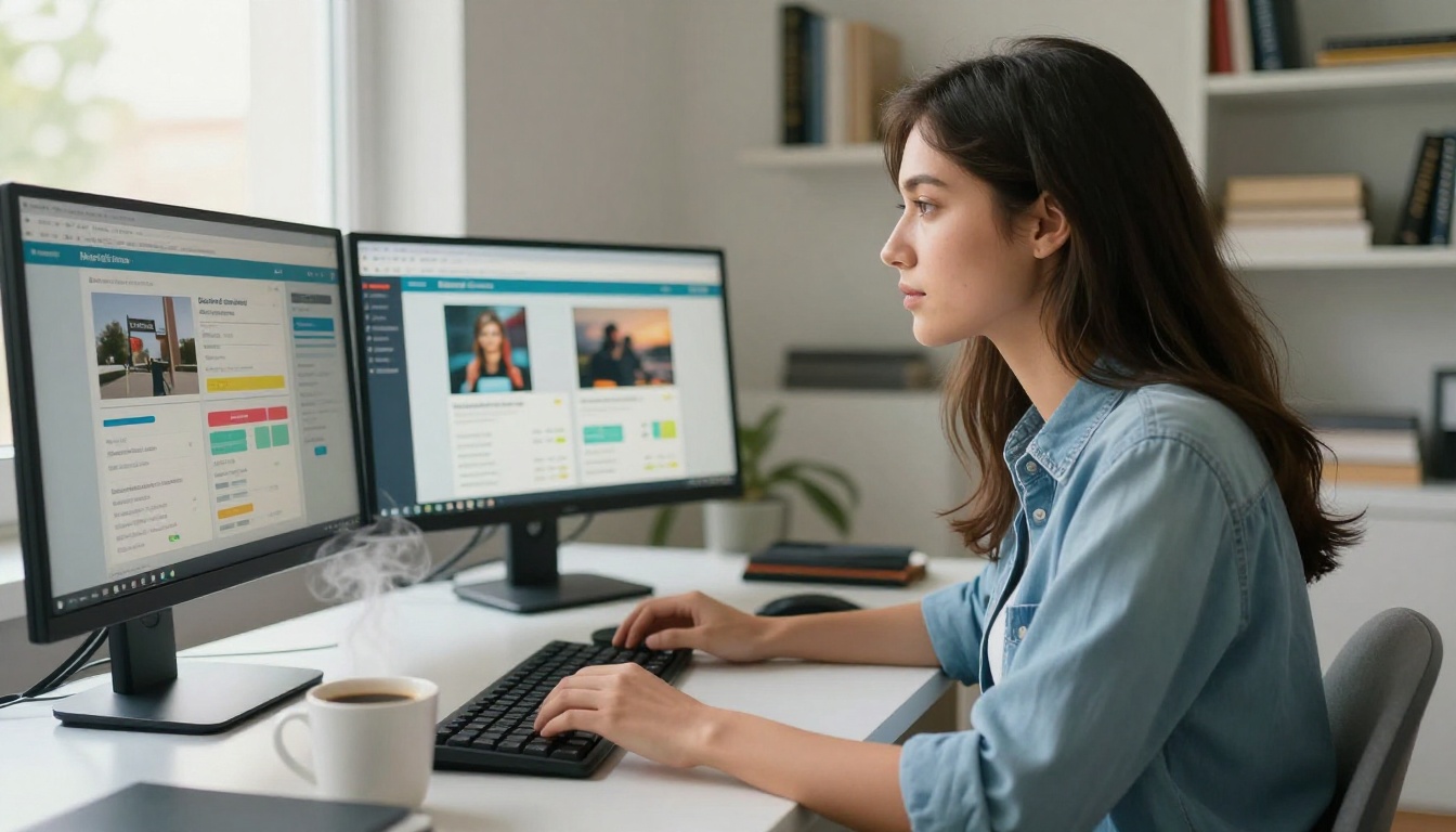 Digital marketer reviewing lead generation dashboards with multiple screens Digital marketer reviewing lead generation dashboards with multiple screens