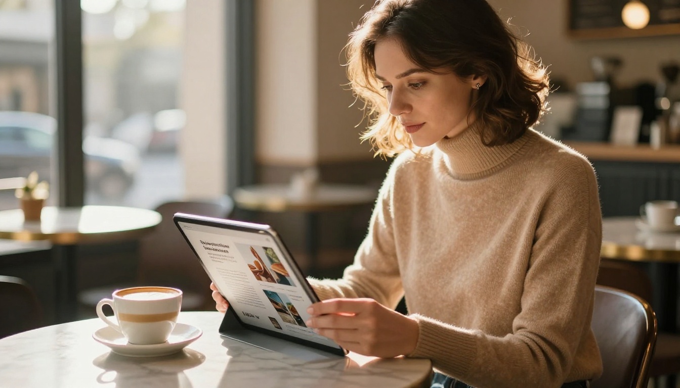 Professional woman reading digital flipbook on tablet in artisan coffee shop Professional woman reading digital flipbook on tablet in artisan coffee shop