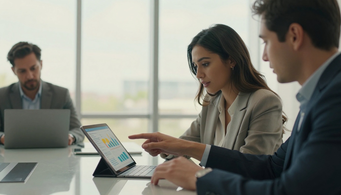 Startup founder presenting interactive flipbook to investors at conference table