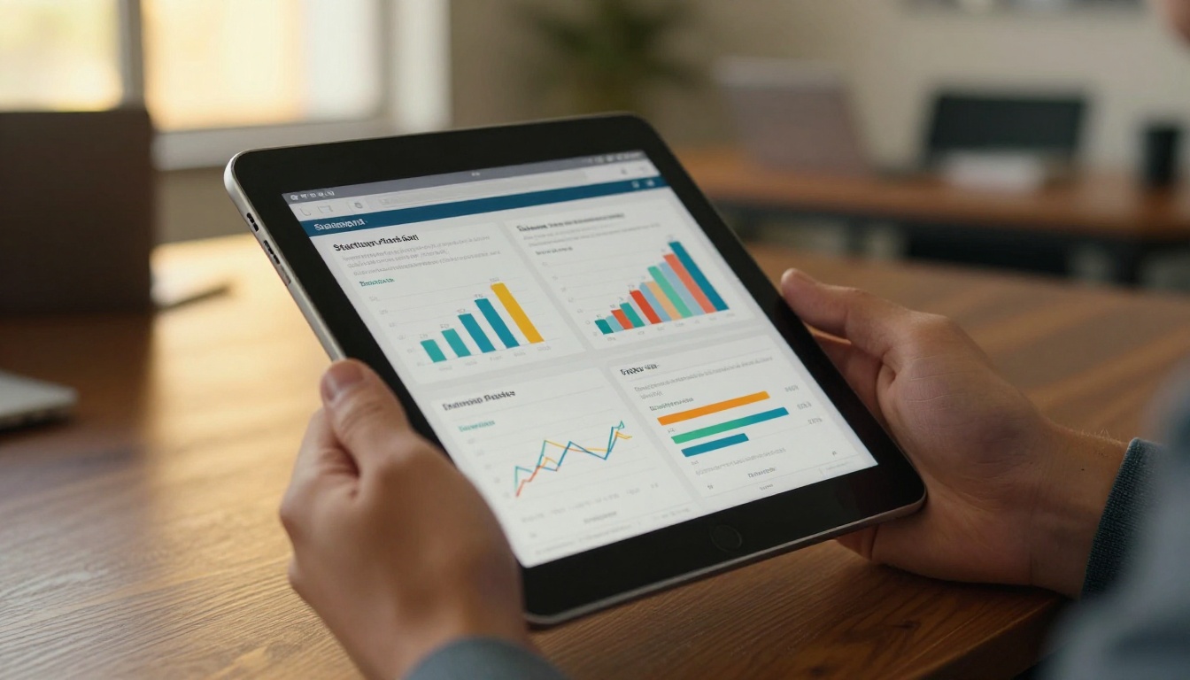 Close-up of hands holding iPad showing interactive pitch flipbook with financial charts