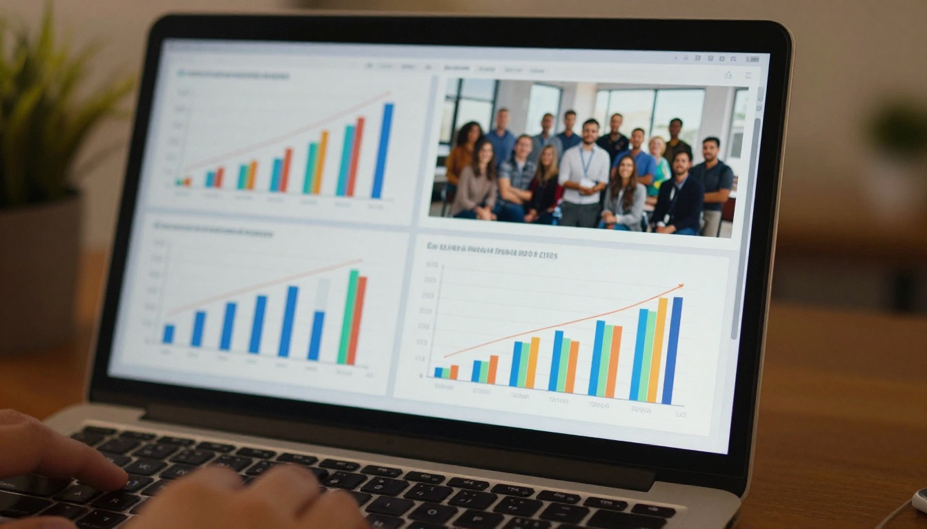 Close-up of laptop screen showing interactive flipbook with revenue charts