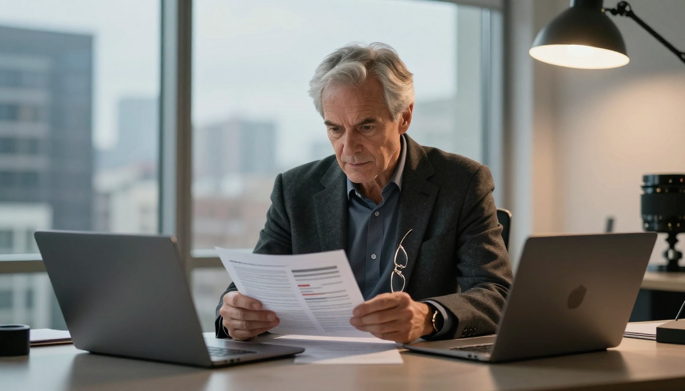 Venture capitalist reviewing digital presentation on laptop with city view behind