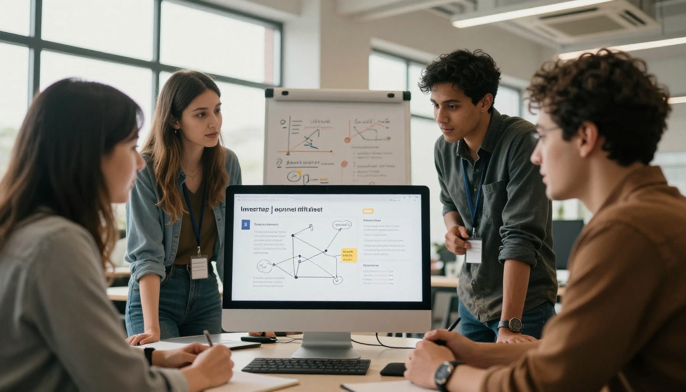 Diverse startup team gathered around monitor reviewing investor presentation