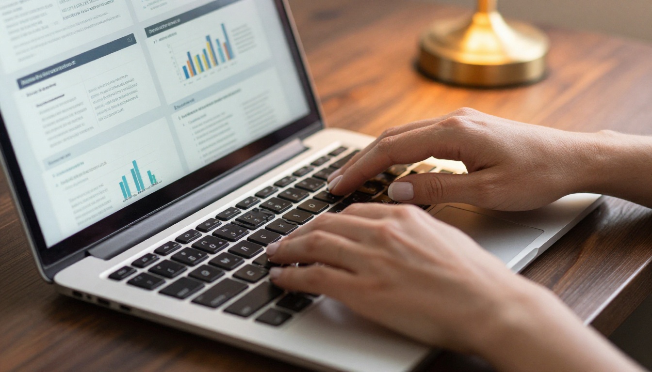 Woman's hands scrolling through investor pitch flipbook on laptop