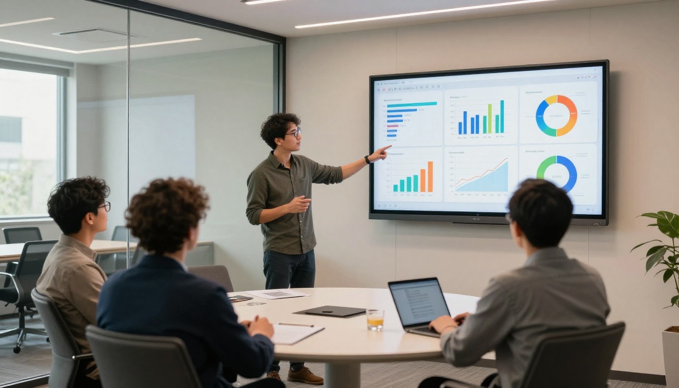 Startup founder presenting to investors in glass-walled conference room