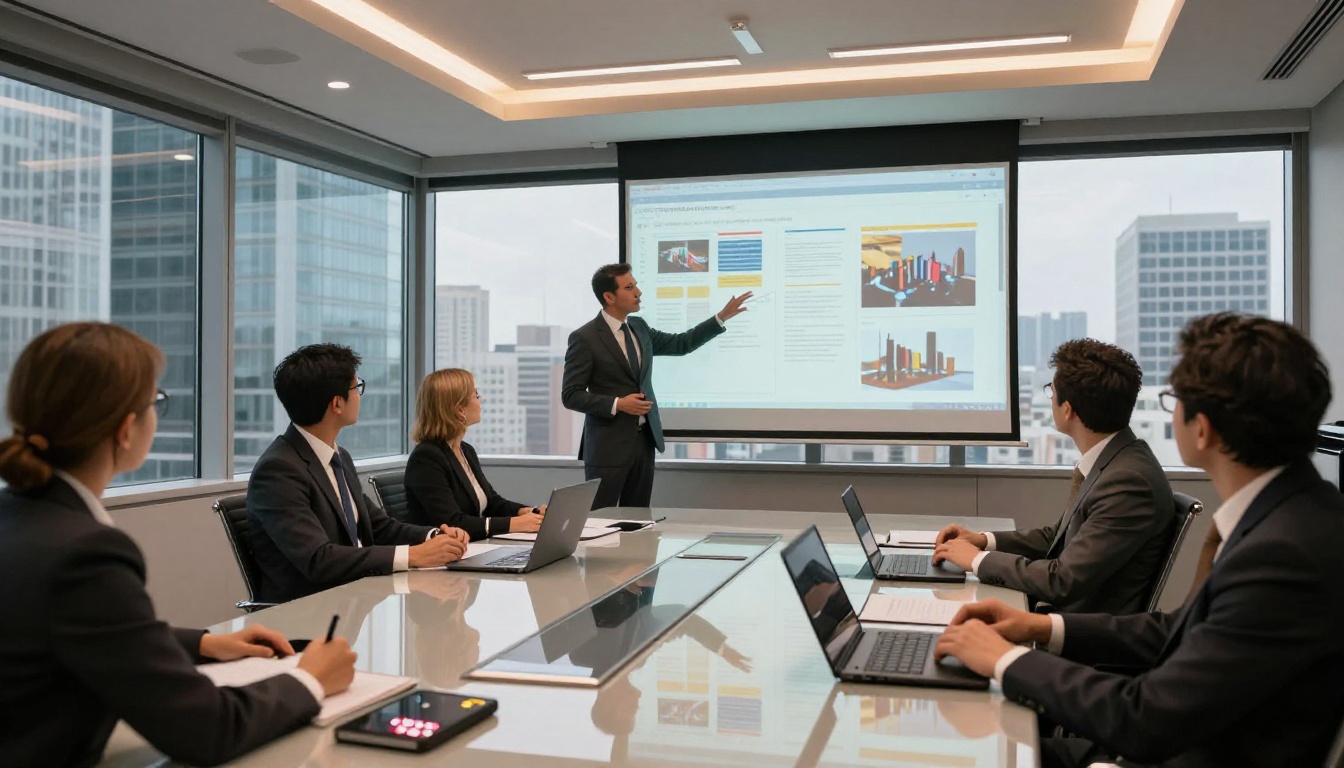 A business presenter in a modern boardroom showing a vibrant interactive digital catalog flipbook on a large projection screen to attentive colleagues seated around a glass conference table