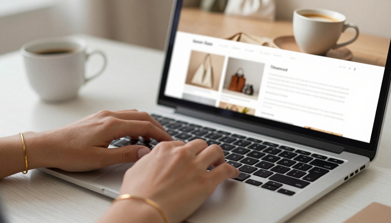 Close-up of hands scrolling through a beautifully designed product catalog flipbook on a laptop at a minimalist white oak desk, with a ceramic espresso cup softly blurred in the background