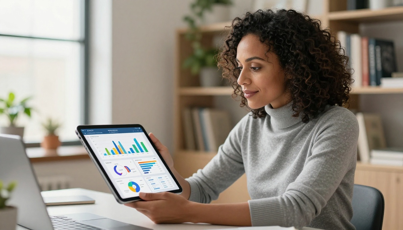 A marketing analyst in a bright modern office holding a large tablet displaying colorful page-performance dashboards and content metrics in a clean data visualization interface, blurred bookshelves and plants in background