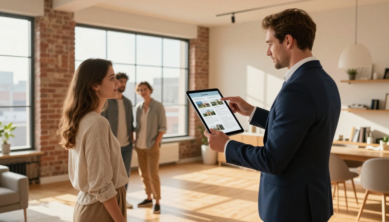 A confident real estate agent showing a digital property brochure flipbook on an iPad to a young couple in a bright modern apartment with large city-view windows and warm golden afternoon light