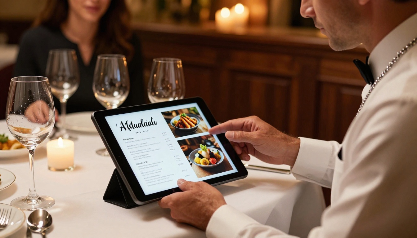 An elegant sommelier in formal white attire presenting a digital restaurant menu flipbook on a tablet to a couple seated at a candlelit fine dining table with warm wine glass reflections and dark wood paneling