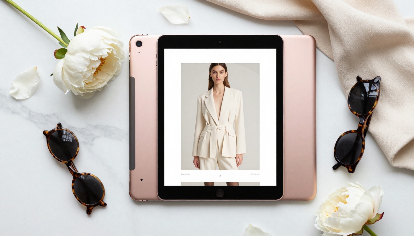 Aerial flat lay of a chic fashion catalog flipbook on a rose gold iPad placed on white marble, surrounded by a fresh white peony, tortoiseshell sunglasses, and cream fabric swatches under even diffused natural light