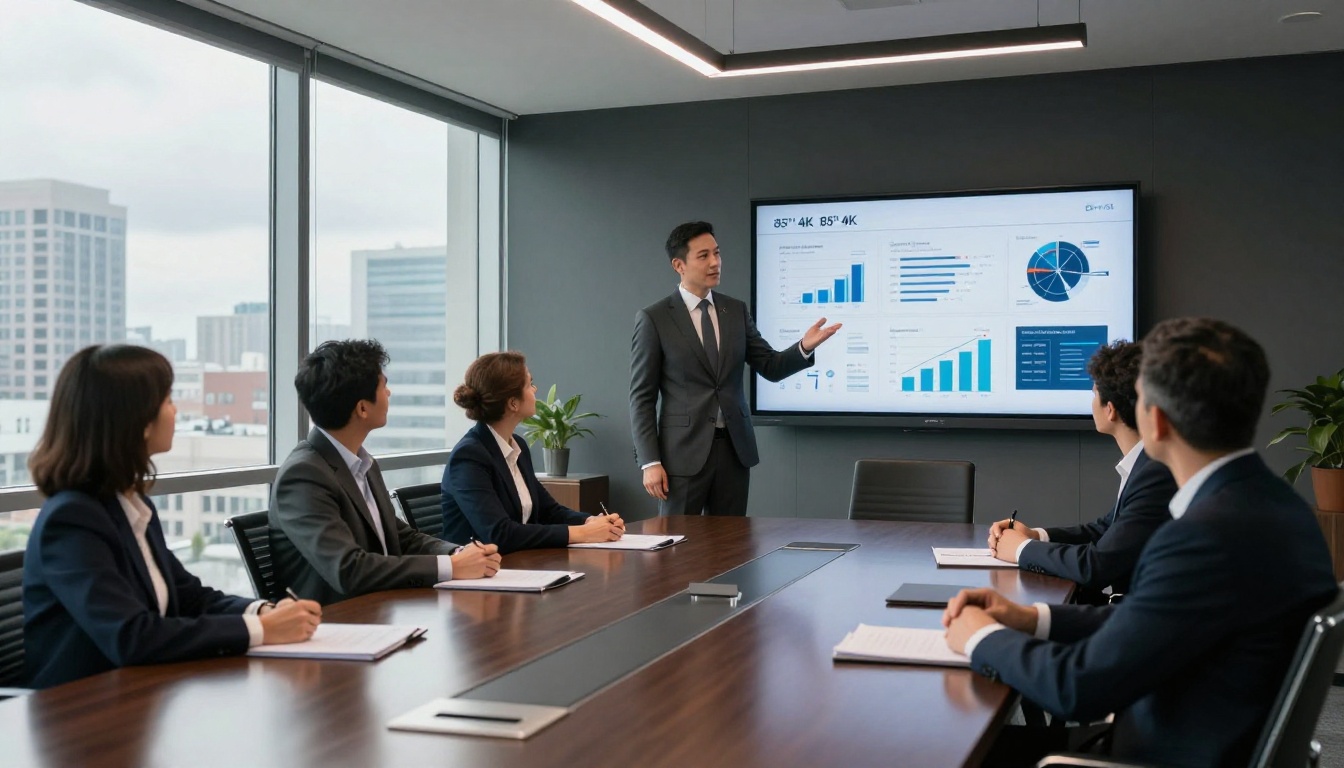 A professional B2B sales executive in a dark grey suit standing at the head of a conference table, gesturing toward a large wall-mounted screen displaying an interactive flipbook presentation with data visualizations