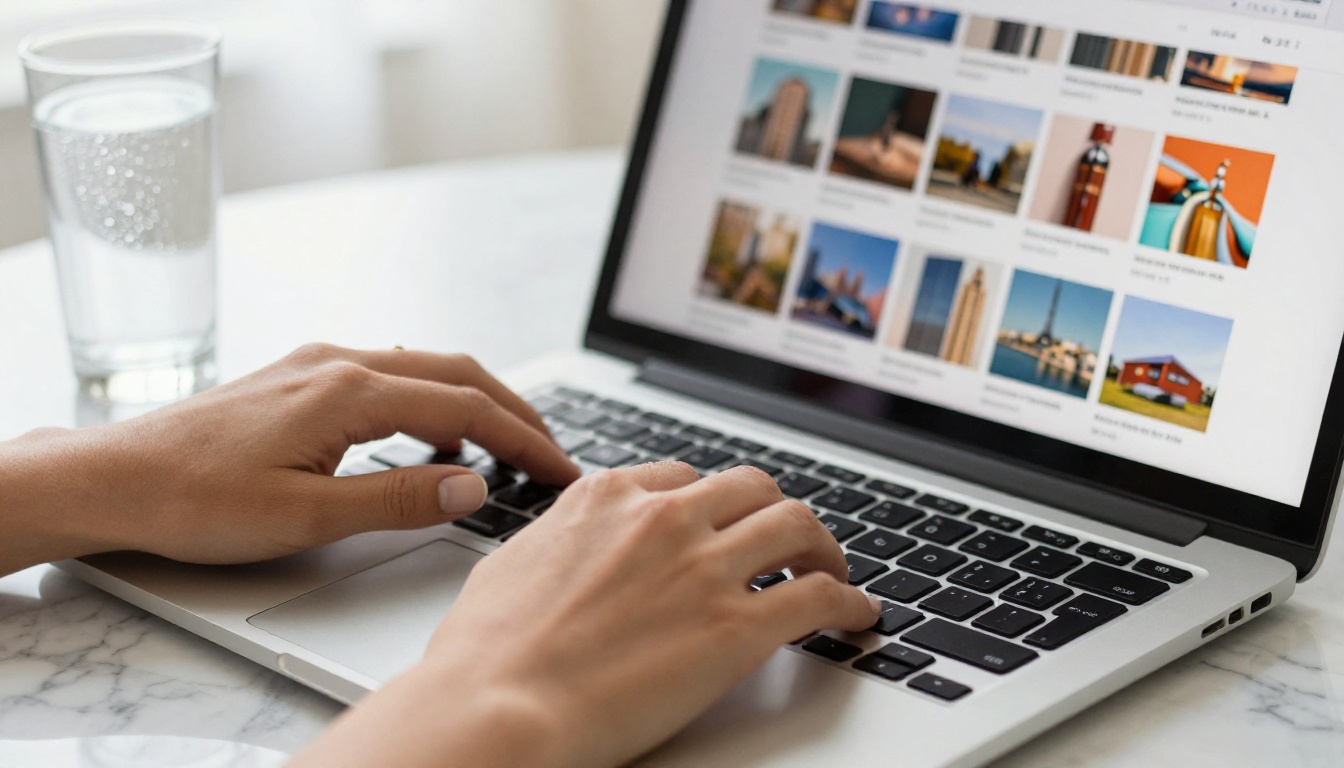 A person browsing a digital product catalog on a laptop with a clean grid layout on screen