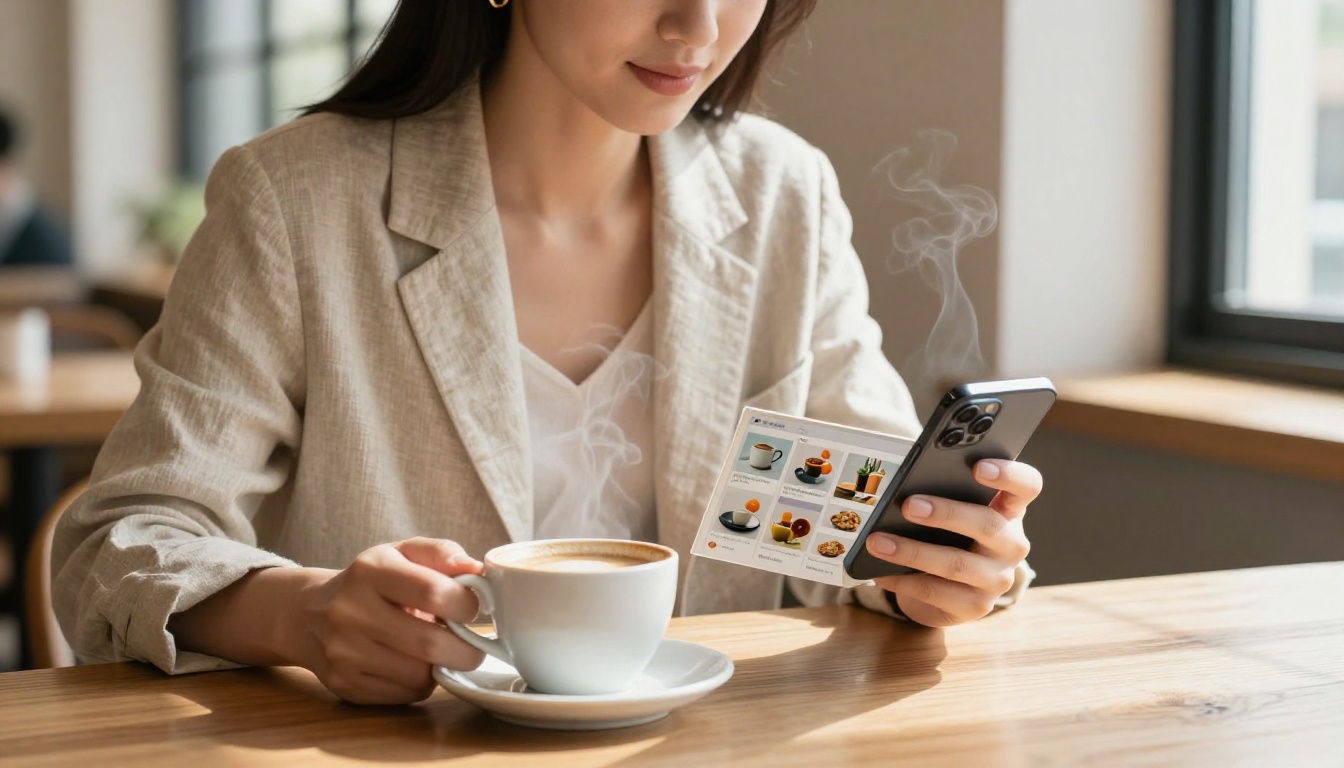 A stylish woman in a beige linen blazer scrolling through a mobile-optimized digital catalog flipbook on her smartphone at a bright Scandinavian café, a flat white coffee and wooden table surface in soft foreground bokeh