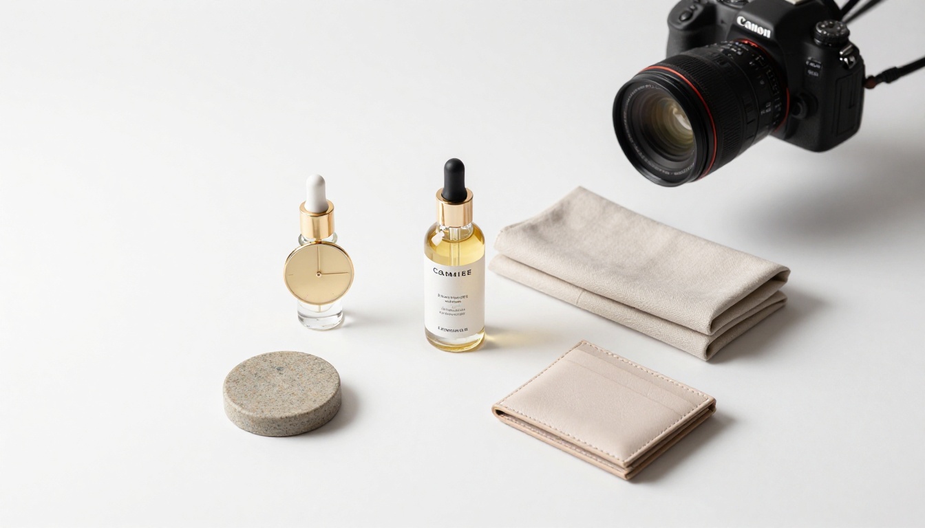 Aerial flat-lay of premium retail products arranged for professional product photography