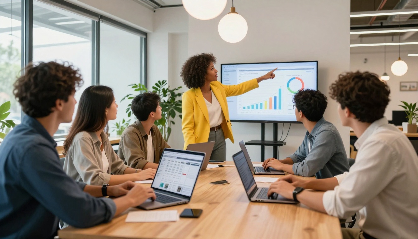 A diverse marketing team in smart casual attire collaborating around a light wood table in a bright open-plan office, laptops showing flipbook analytics dashboards, a team member in a yellow blazer pointing at a wall-mounted monitor