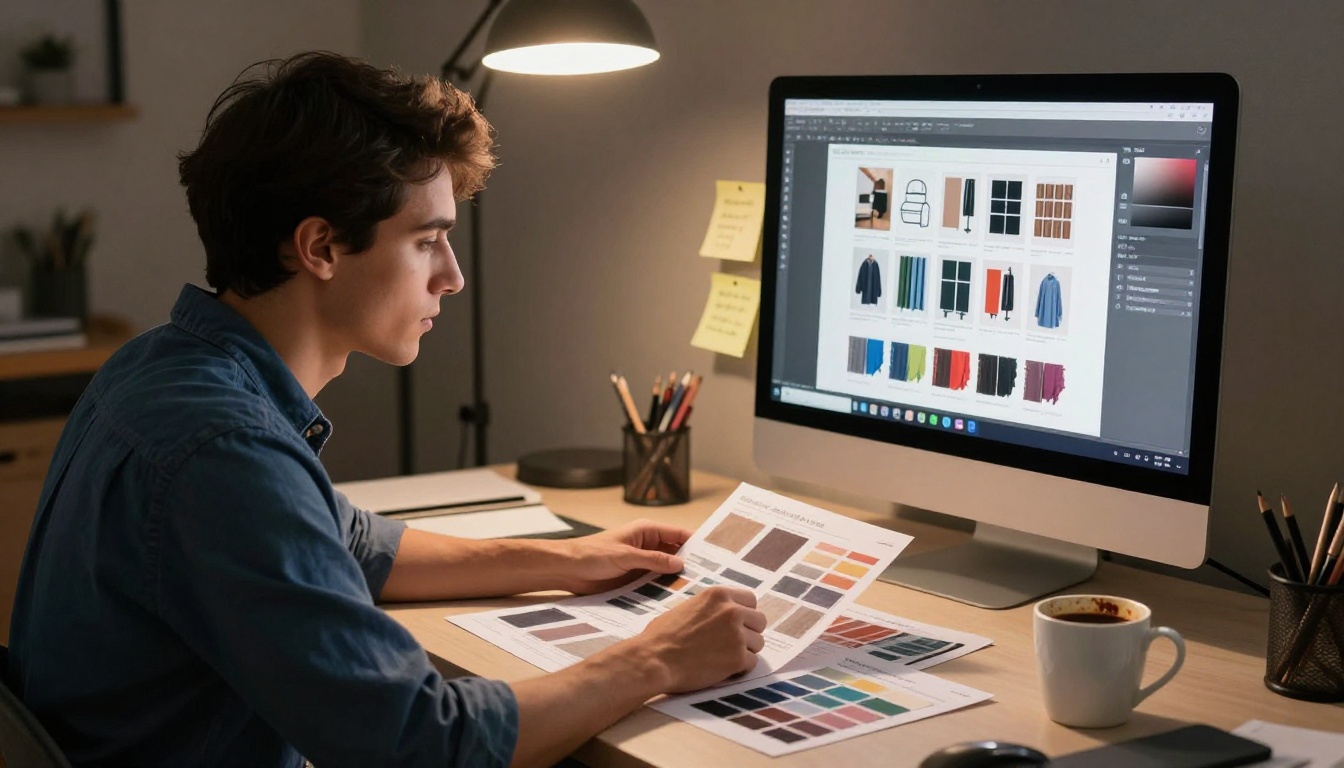 A designer comparing printed catalog pages with a digital layout on a large monitor