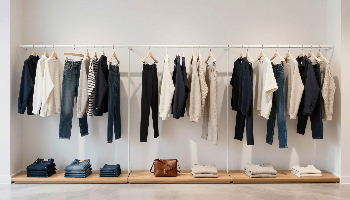 Professional fashion retail boutique with stylish clothing displays and neutral-toned accessories on wooden shelving