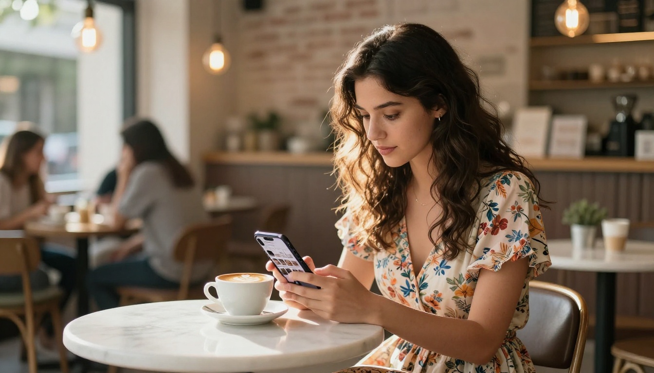 A young woman browsing a digital product catalog on her smartphone at a cafe table with latte art coffee