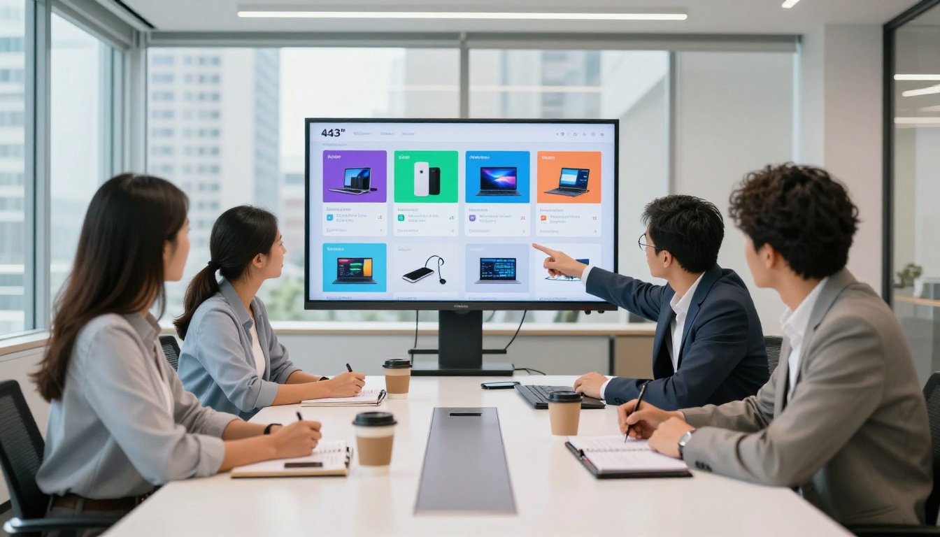A marketing team reviewing a digital product catalog presentation on a large conference room screen