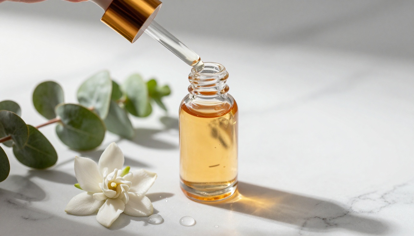 Macro close-up of a premium glass skincare serum bottle on white marble with eucalyptus sprigs and soft directional lighting