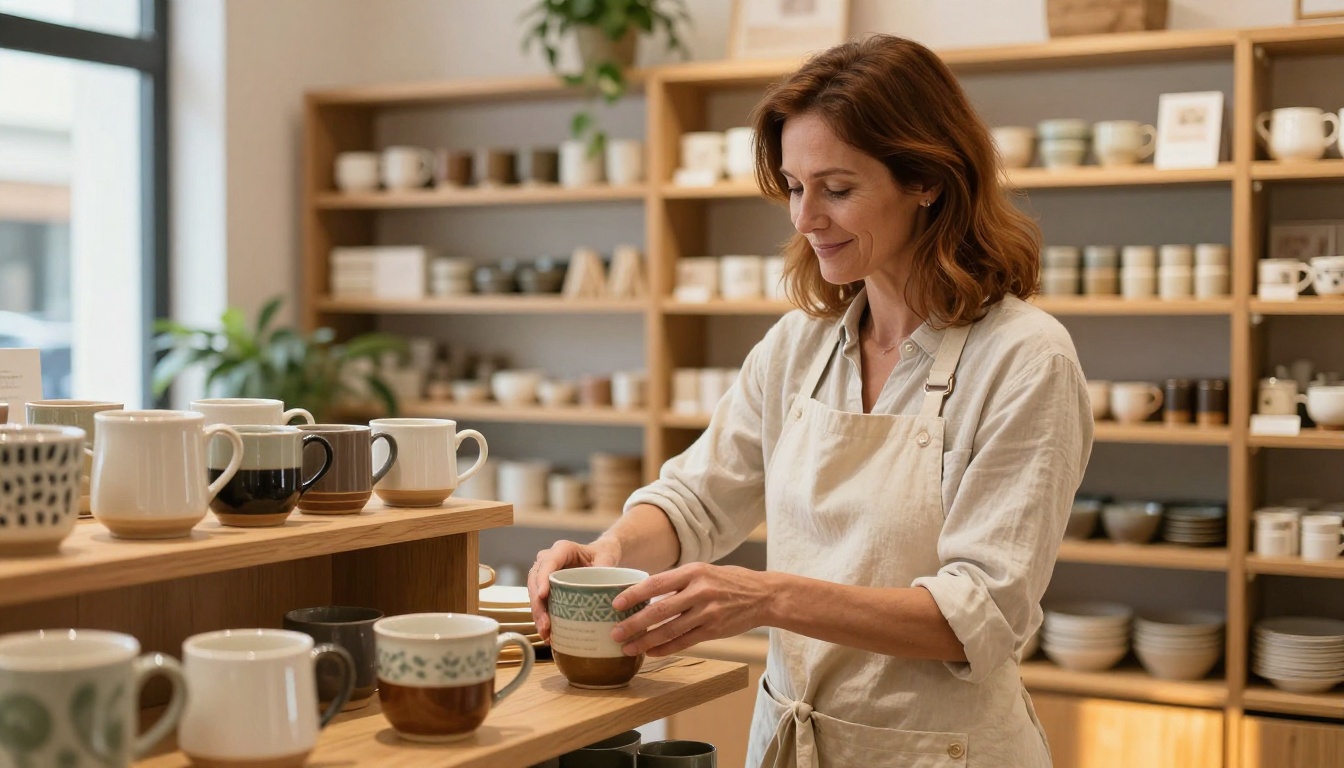 A boutique owner smiling while arranging ceramic mugs on a wooden display shelf in a warm, naturally lit retail store