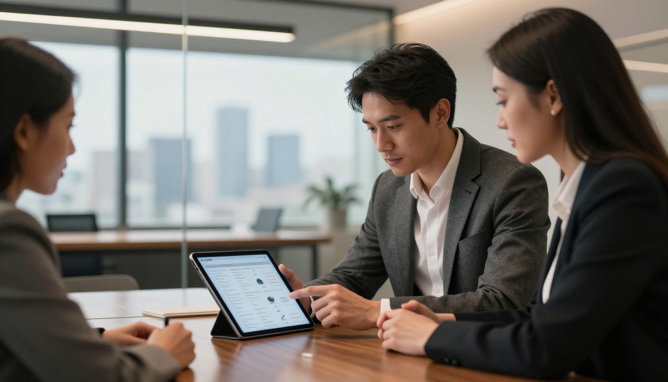 A business consultant presenting a digital product catalog on a tablet to a client across a dark wood meeting table