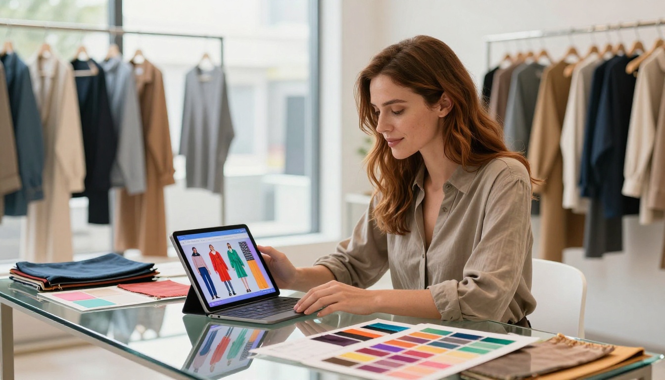 Female fashion buyer reviewing an interactive clothing catalog on an iPad in a boutique showroom Female fashion buyer reviewing an interactive clothing catalog on an iPad in a boutique showroom