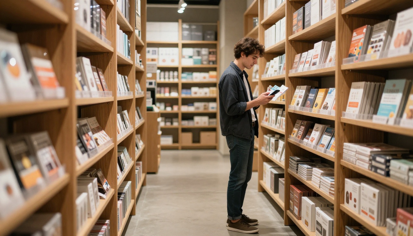 Young professional browsing a product catalog on a smartphone in a modern retail store Young professional browsing a product catalog on a smartphone in a modern retail store