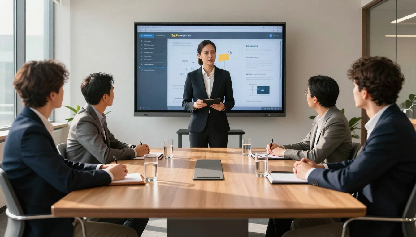Sales executive presenting an interactive product catalog on a large touchscreen in a glass conference room Sales executive presenting an interactive product catalog on a large touchscreen in a glass conference room