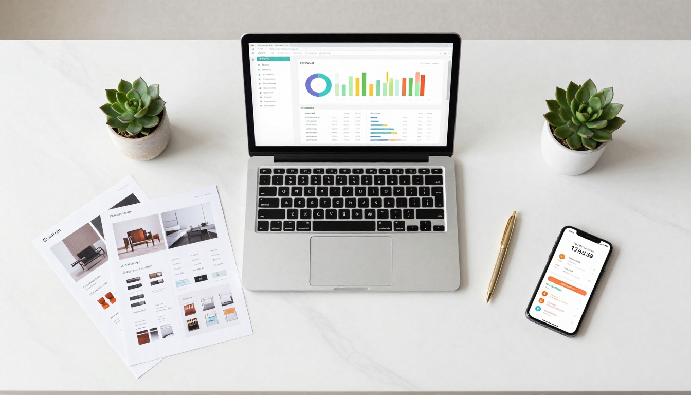Aerial overhead flat lay of a marble desk with MacBook showing catalog analytics and scattered product swatches Aerial overhead flat lay of a marble desk with MacBook showing catalog analytics and scattered product swatches