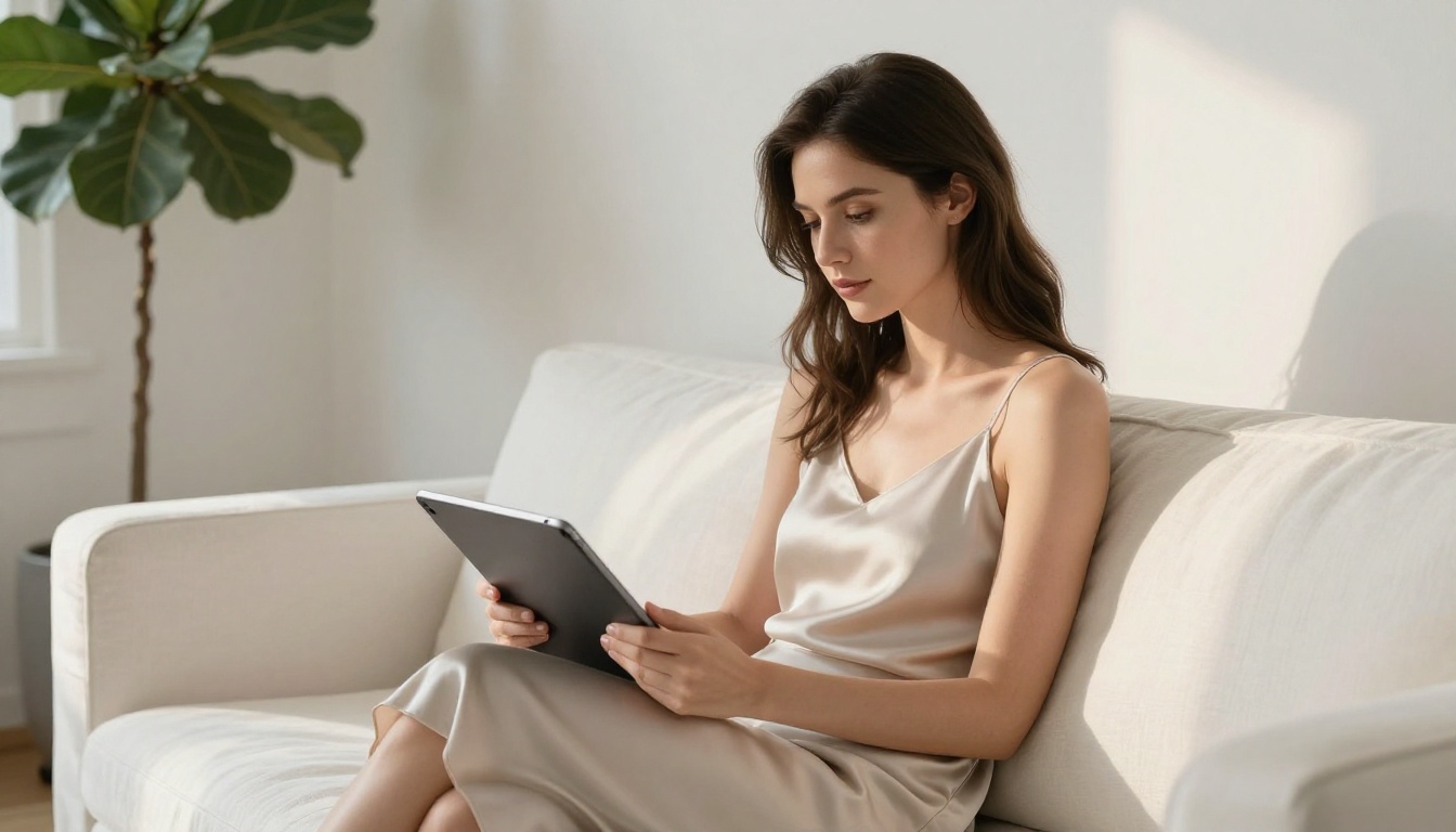 Elegant woman browsing a luxury product catalog on a tablet while seated on a white linen sofa Elegant woman browsing a luxury product catalog on a tablet while seated on a white linen sofa