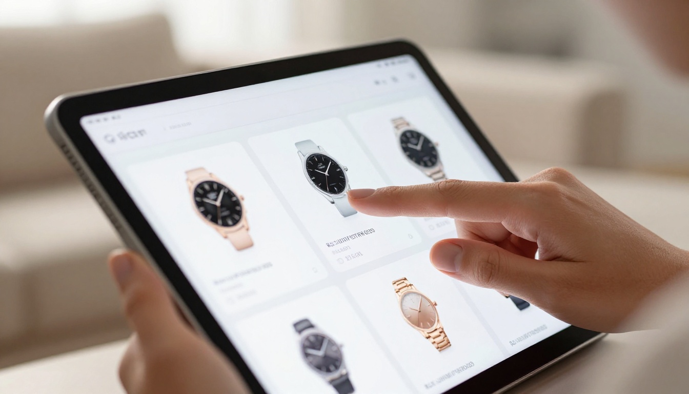 Close-up of a woman's hand swiping through a digital product catalog showing watches and accessories on a tablet Close-up of a woman's hand swiping through a digital product catalog showing watches and accessories on a tablet