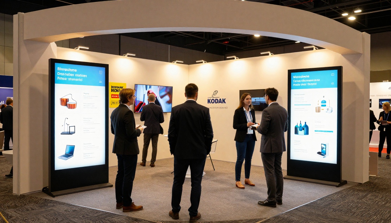 B2B trade show booth with exhibitors using large digital display panels showing interactive product catalogs B2B trade show booth with exhibitors using large digital display panels showing interactive product catalogs