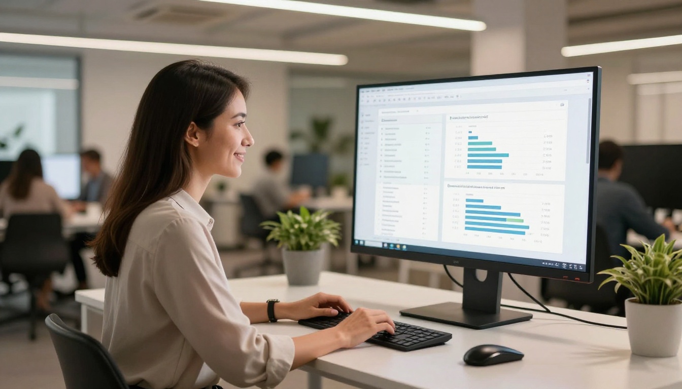 Customer success manager reviewing catalog conversion analytics on a large curved monitor in a modern office Customer success manager reviewing catalog conversion analytics on a large curved monitor in a modern office