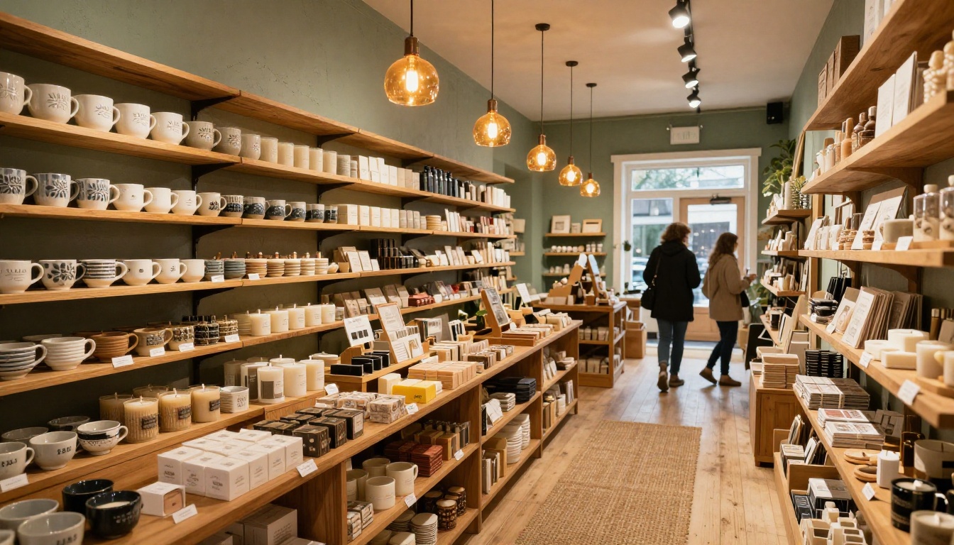 Small boutique store interior with organized wooden shelves and warm lighting Small boutique store interior with organized wooden shelves and warm lighting