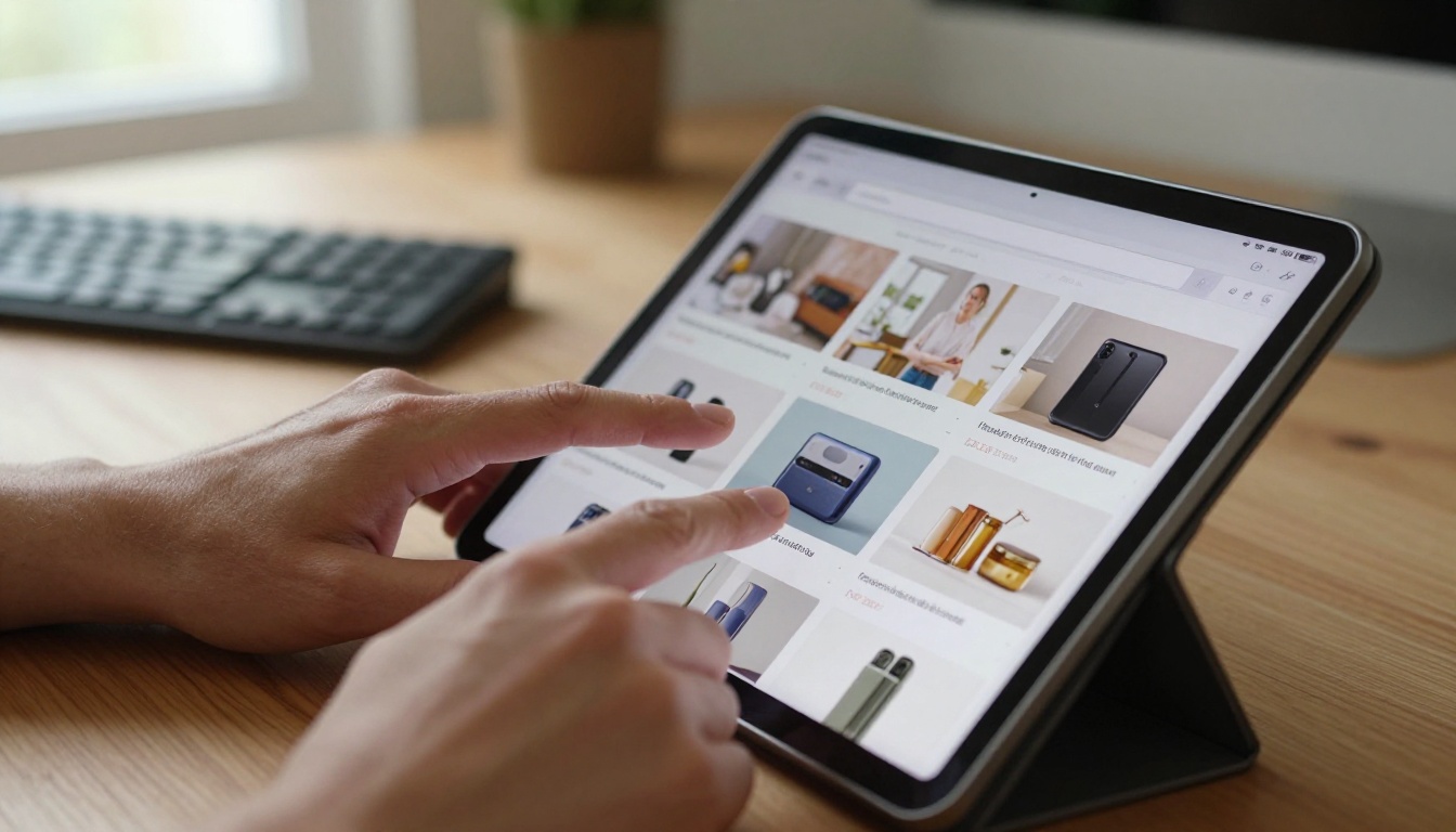Hands scrolling a product catalog on a tablet