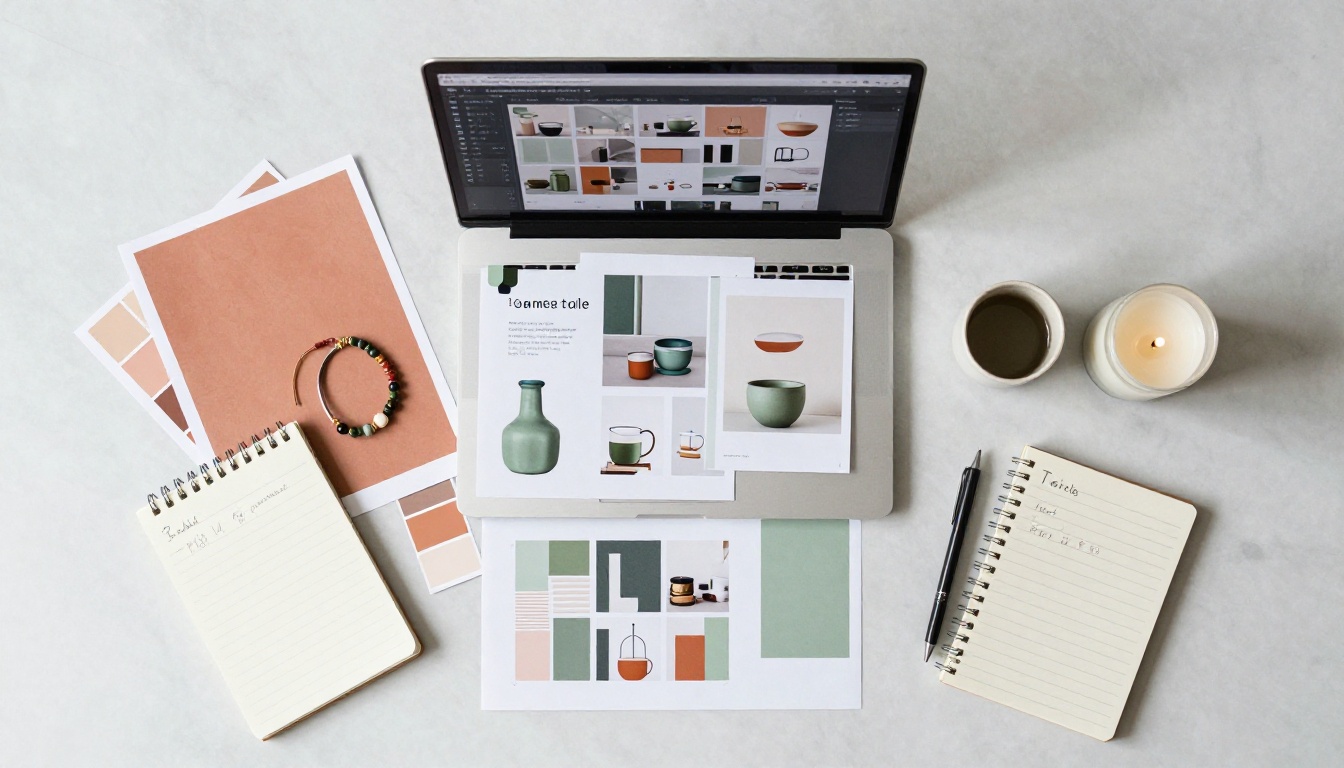 Aerial flat lay view of a catalog design workspace with laptop, product samples and color swatches Aerial flat lay view of a catalog design workspace with laptop, product samples and color swatches
