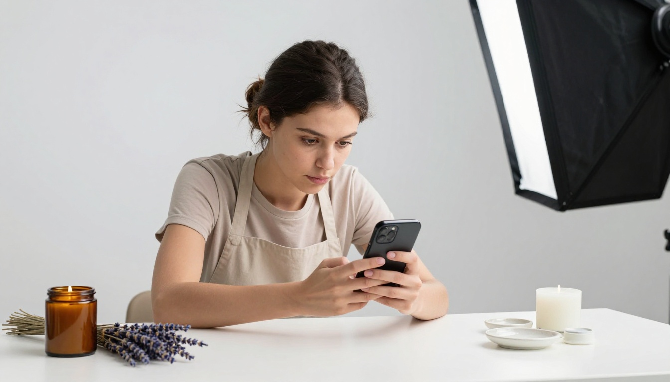 Woman photographing artisan products on a white seamless surface for her digital catalog Woman photographing artisan products on a white seamless surface for her digital catalog
