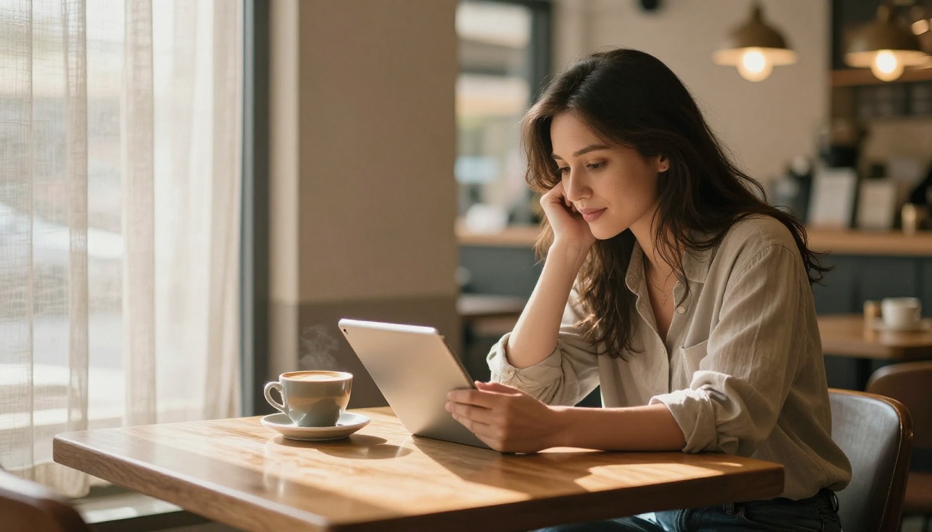 Customer browsing a digital product catalog on a tablet in a casual coffee shop setting Customer browsing a digital product catalog on a tablet in a casual coffee shop setting